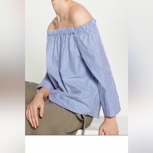 Zara Off Shoulder Blue Striped Blouse M NEW